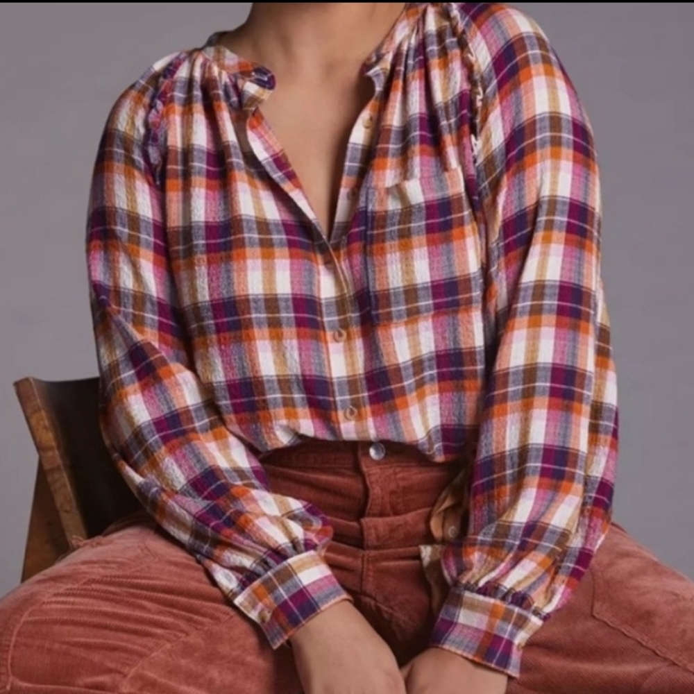 Anthropologie Pilcro Peasant Ruffle Plaid Brezzy Button Up Shirt Pink Orange S